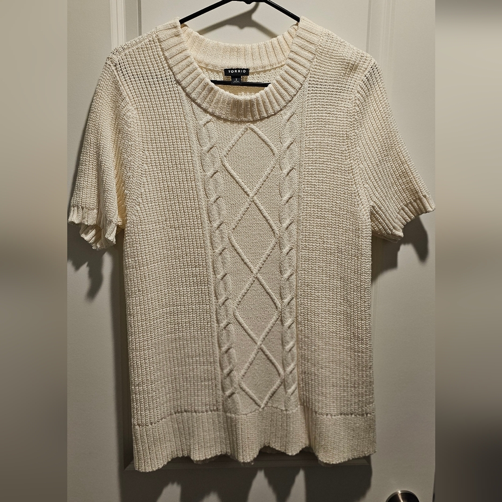 torrid Cream Short-Sleeve Cable Knit Sweater